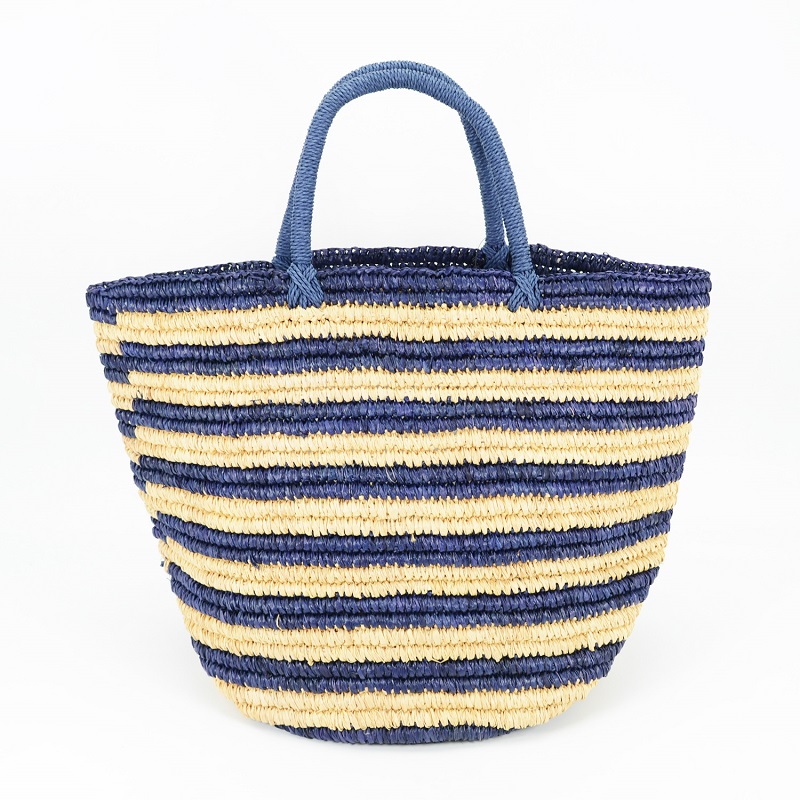 Striped woven straw basket handbag