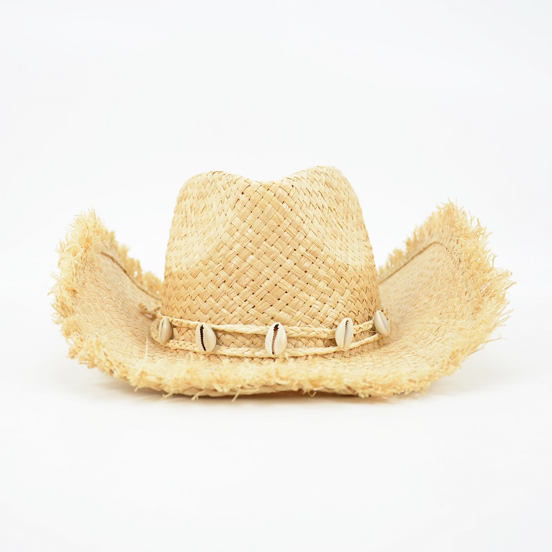 Raffia Straw Western Cowboy Hat with Shells Decoration