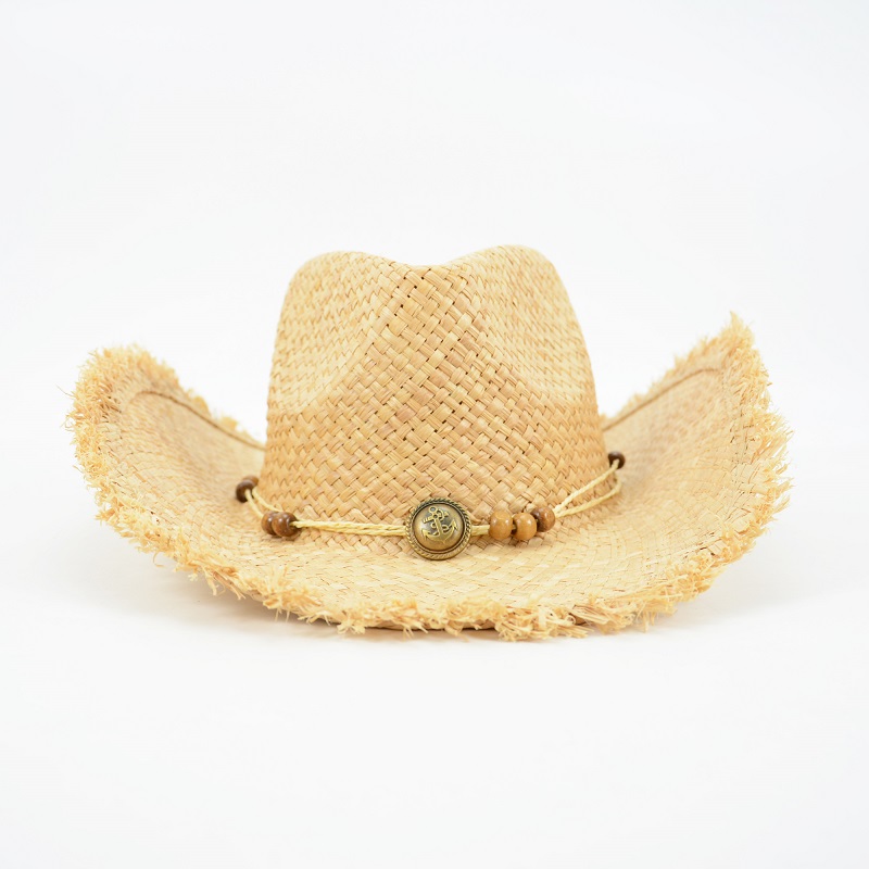 Summer Vintage Raffia Straw Hat Western Cowboy Hat for Girl with Frayed Brim