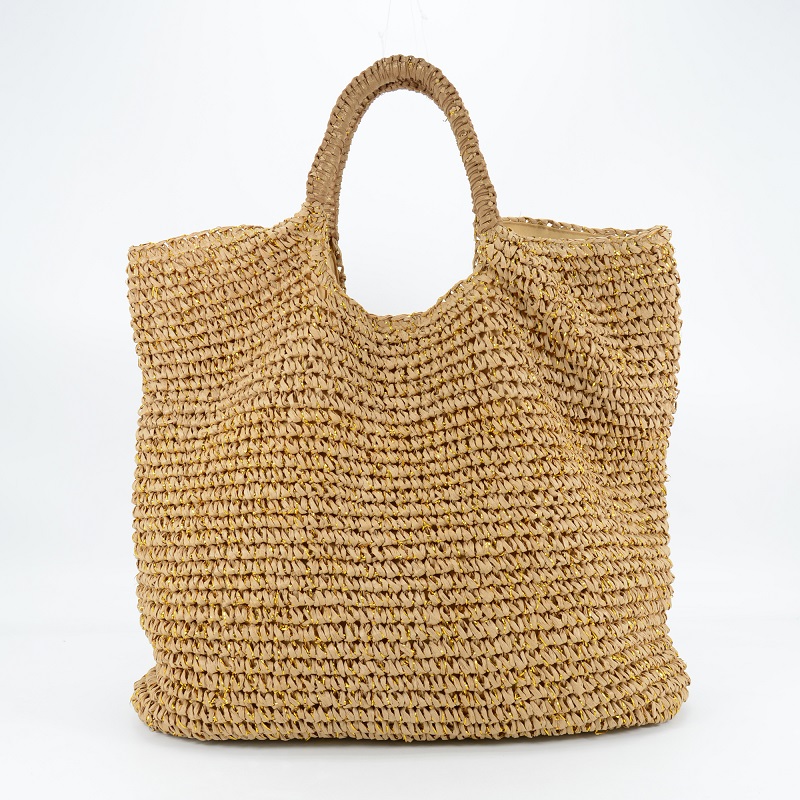 Tote style straw handbag with leather trimming