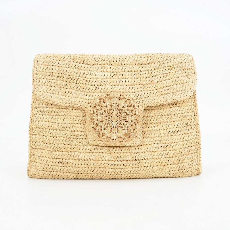 raffia straw clutch with metal trim