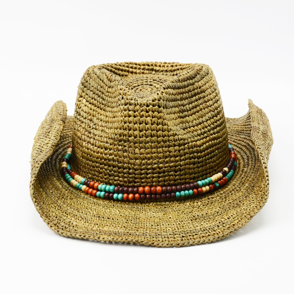 Raffia Cowgirl Hat with Wooden Beads Trimming