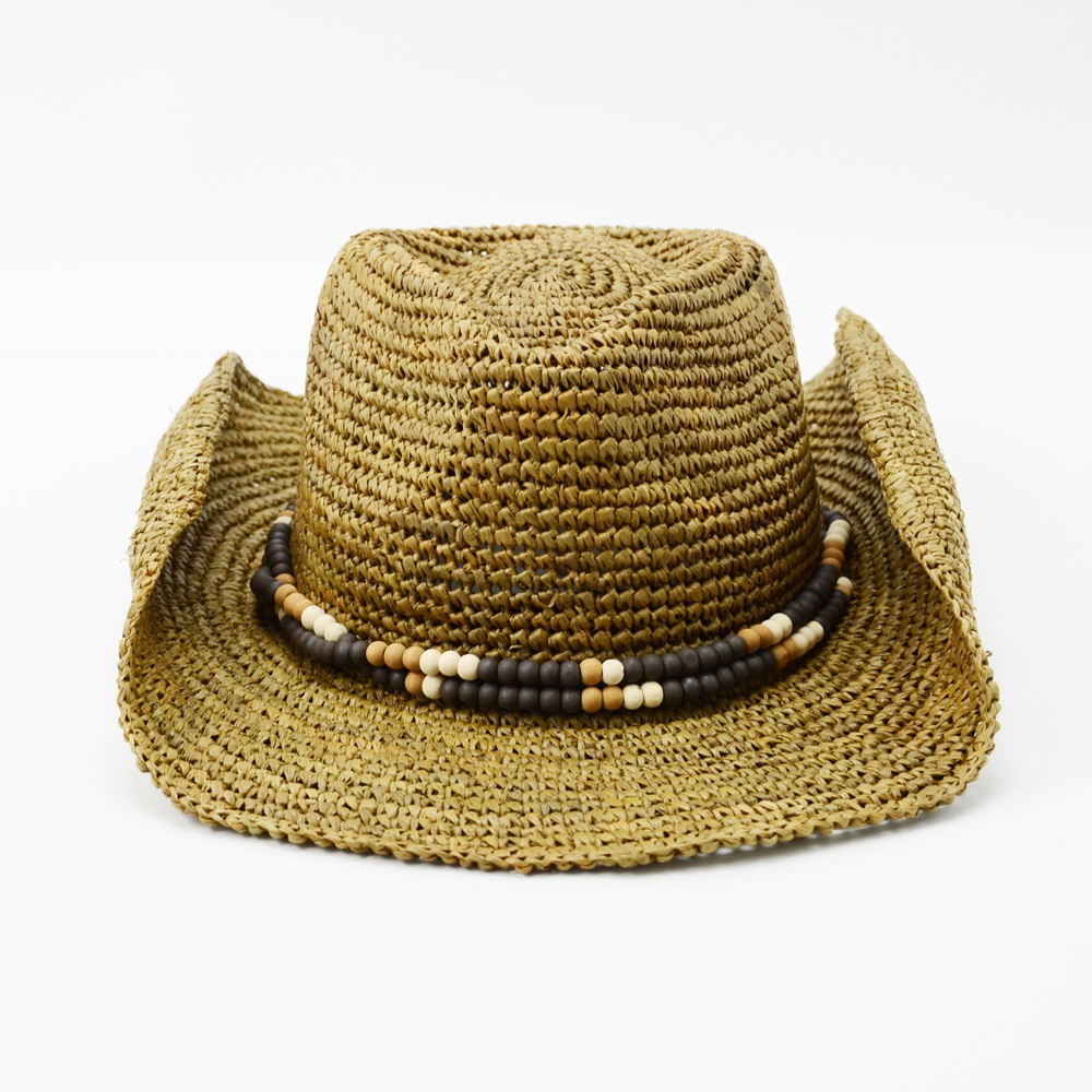 Raffia Cowgirl Hat with Wooden Beads Trimming