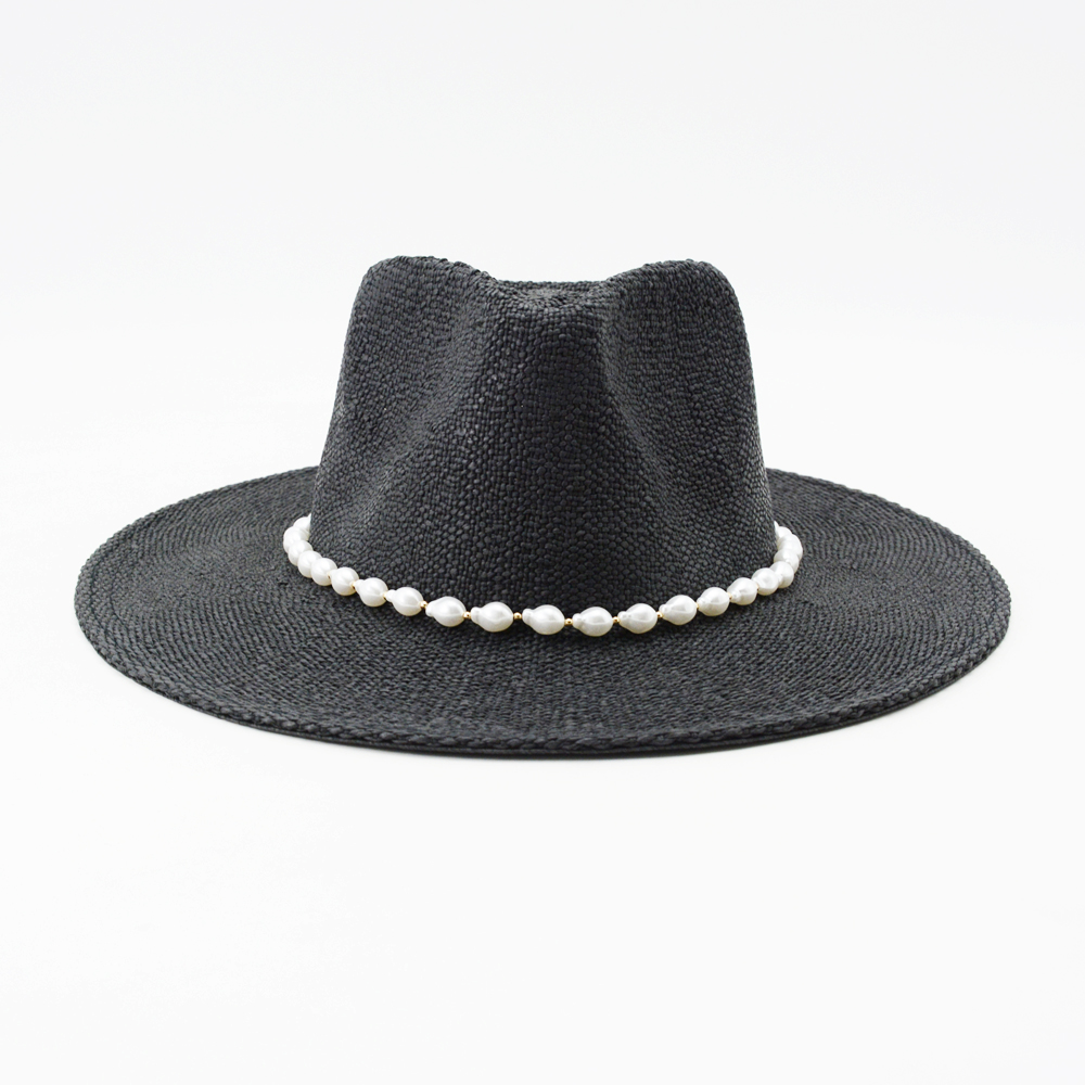 Black Straw Hat with Pearl Trimming