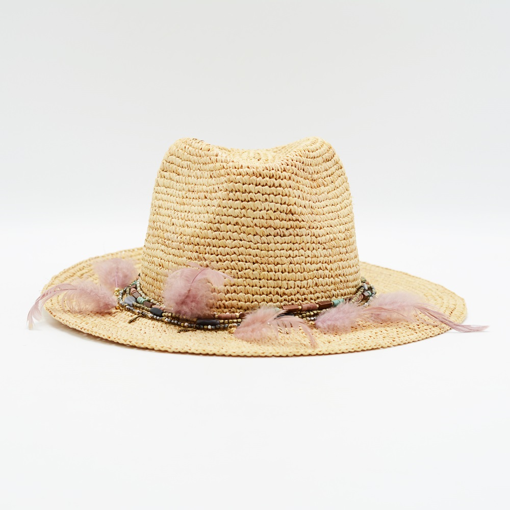 Raffia cowgirl straw hat with Feather Trim