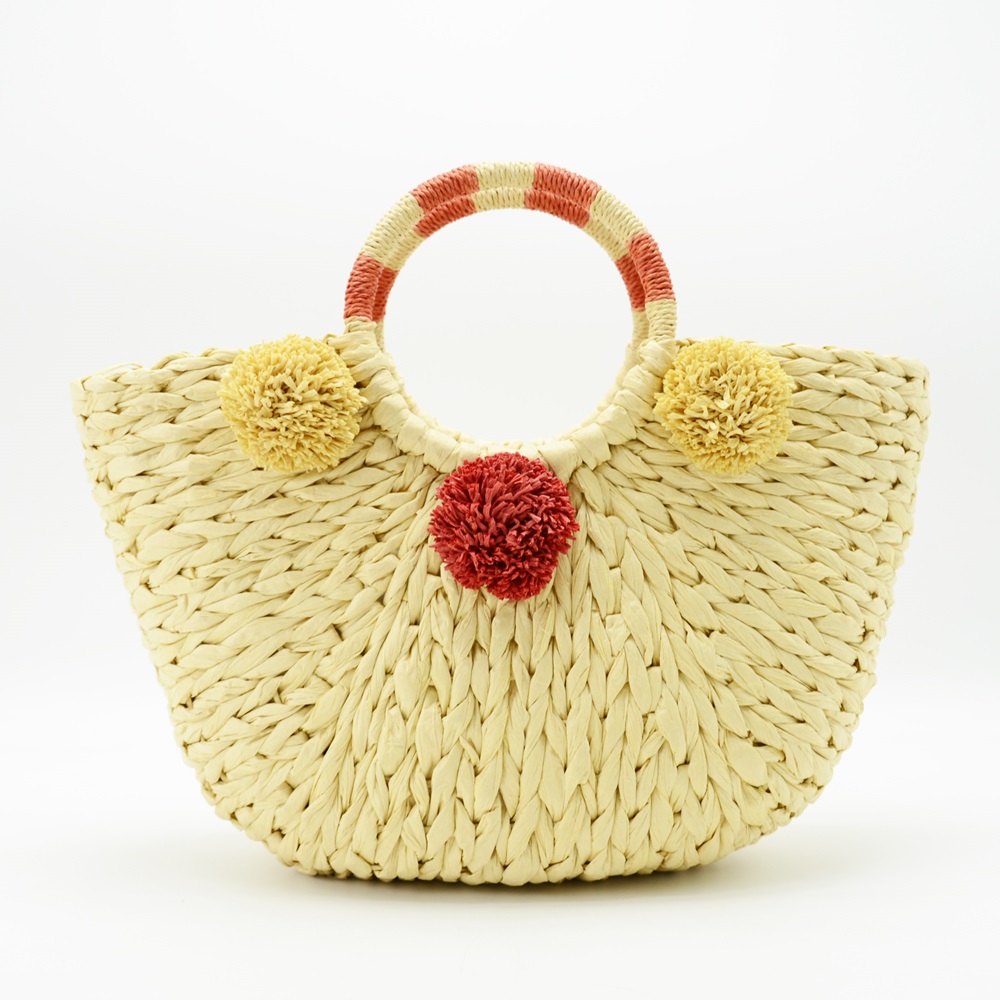 Handmade pom pom straw tote bag