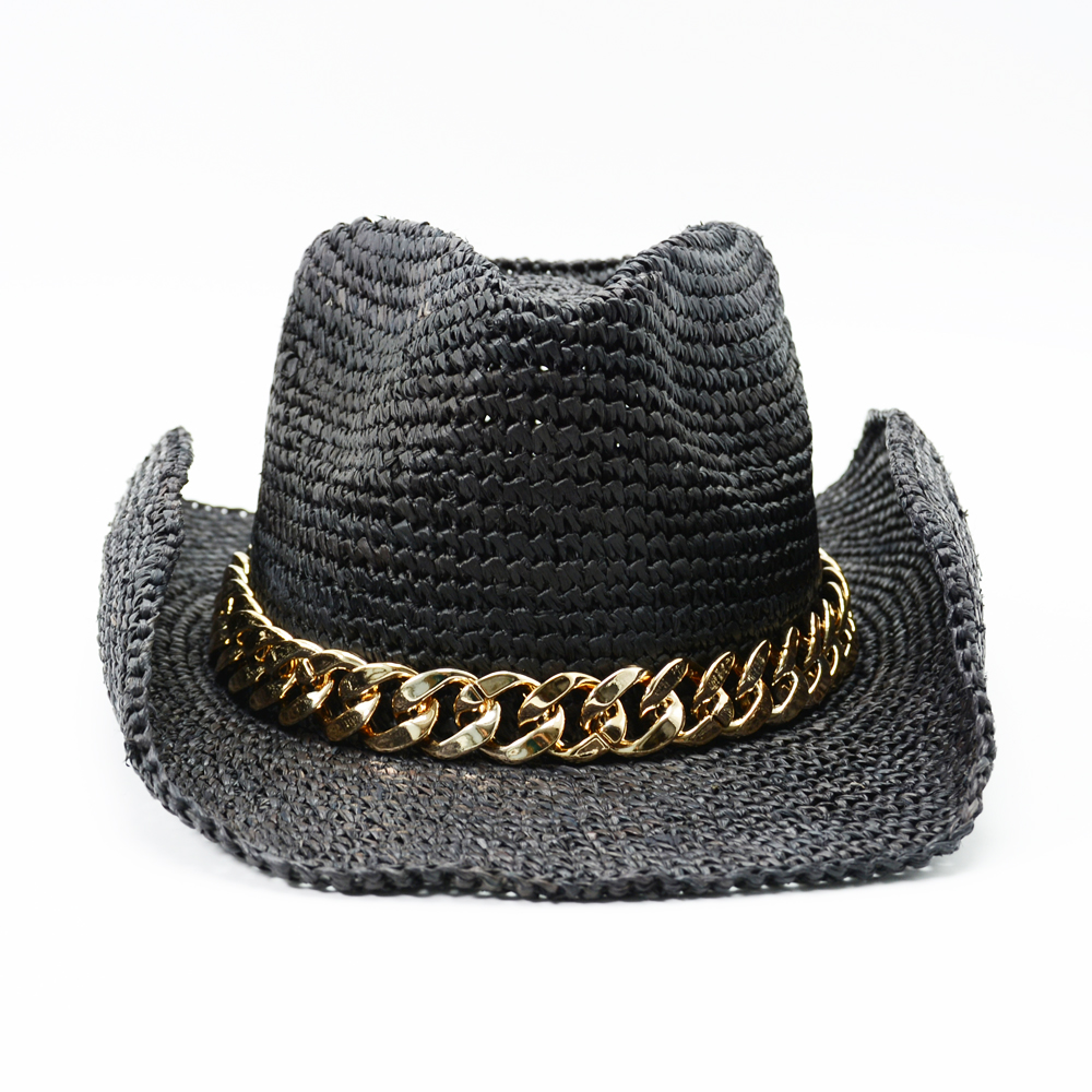 Black Raffia Cowboy Hat with Chain