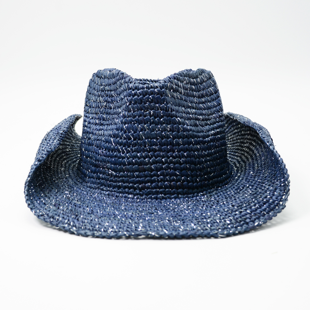 Navy Raffia Cowboy Hat with Silver Lurex