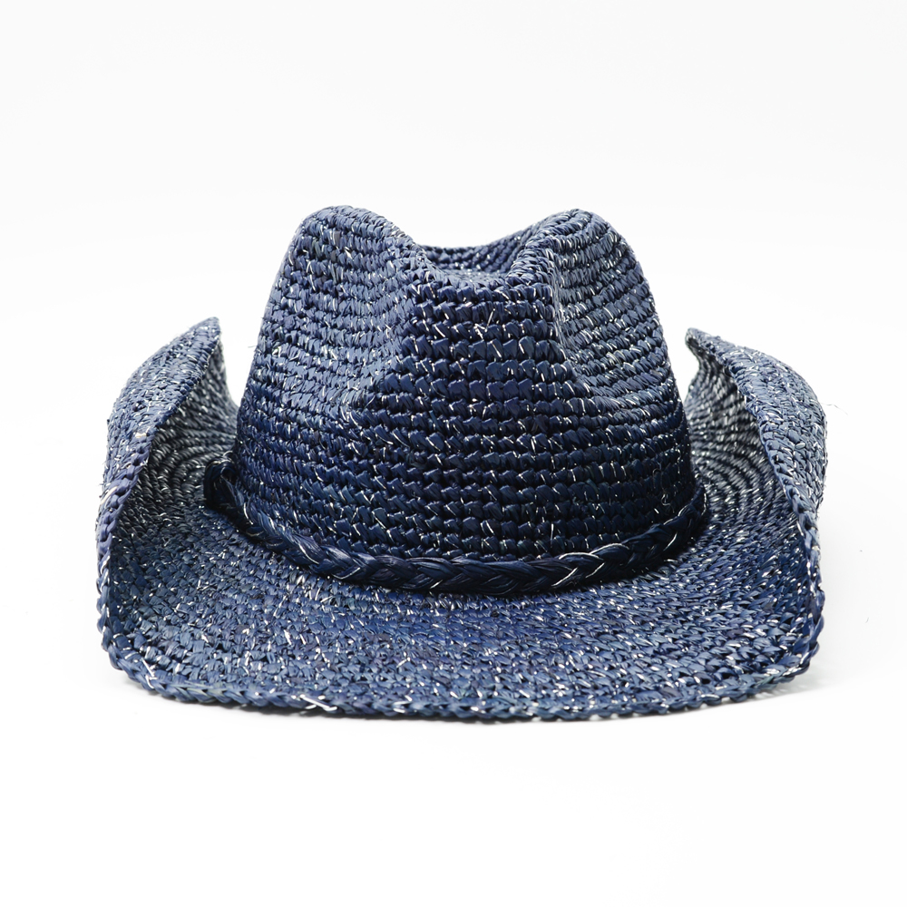 Navy Raffia Cowboy Hat with Silver Lurex 