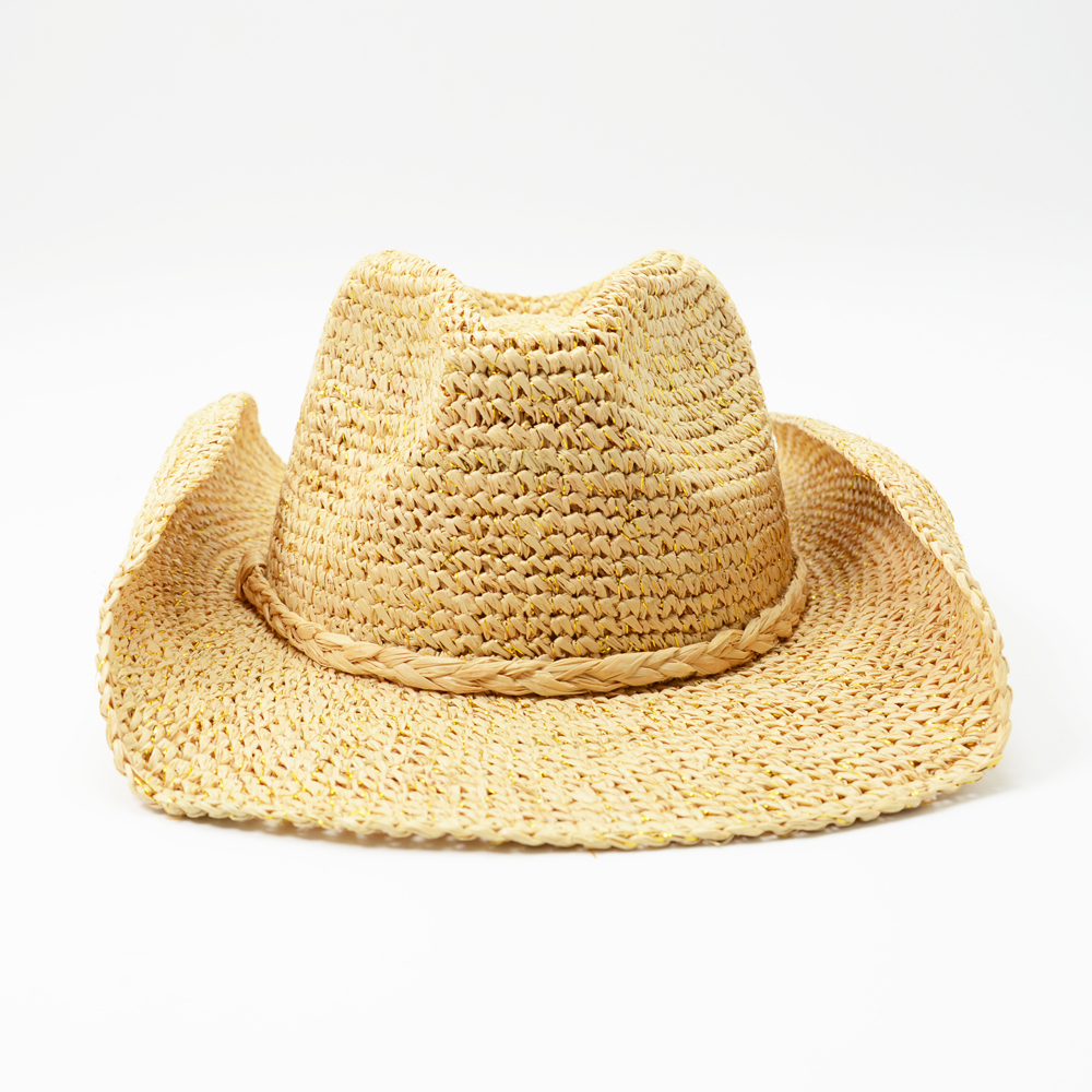 Natural Raffia Cowboy Hat with Gold Lurex