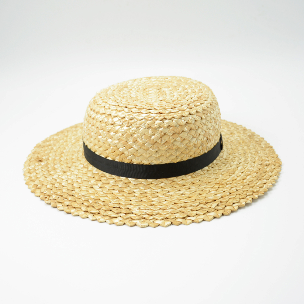 South Beach straw boater hat with black ribbon