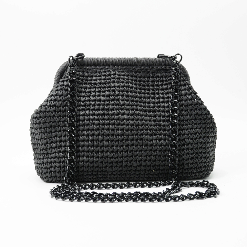 Black Straw Clutch with Chain Strap