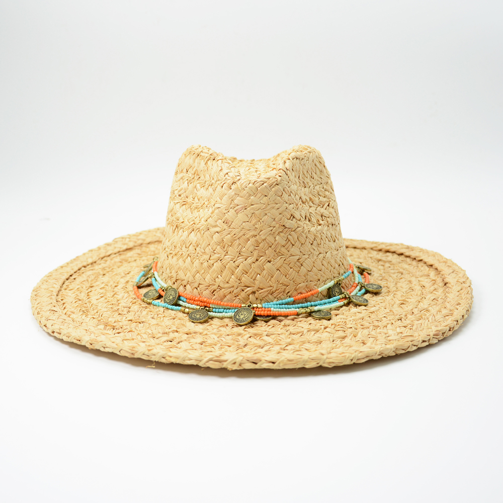 straw raffia braid summer hat with beads