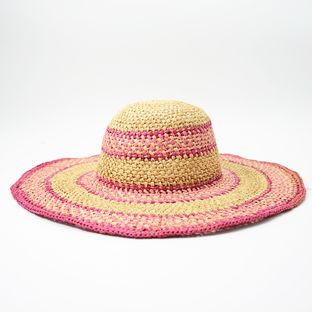 Striped Raffia Hat with Wide Brim