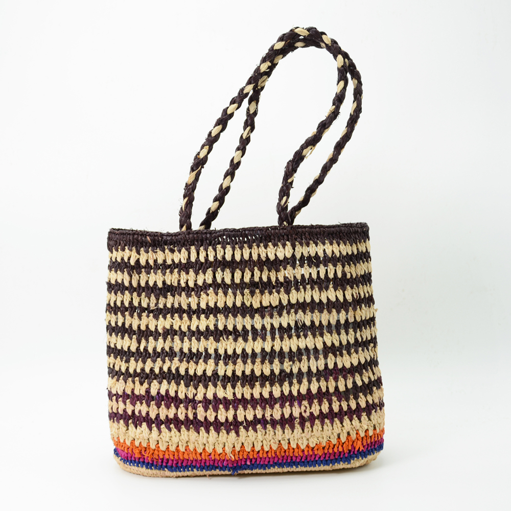 Striped Design Raffia Tote